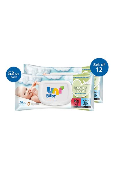 Uni Baby Sensitive Touch Wipes Pack of 12 - Fragrance Free, 52 pcs