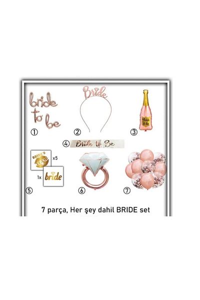 Çemrek Süs Parti Bride Bachelorette 7 Piece All Inclusive Set - Crown, Sash, Tattoo and Balloon Assortment