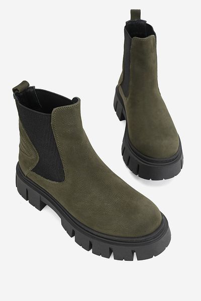 TUNAELLİ Women's Green Suede Genuine Natural Leather Thick Heel Chelsea Boots & Booties