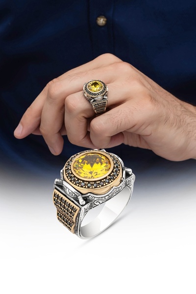 ALYANSEVİM Yuvarlak Sarı Sitrin Taşlı 925 Gümüş Erkek Yüzük