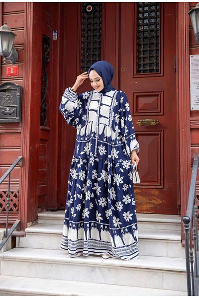 Tesettür Diyarı Viscose Patterned Oversize Hijab Dress - Size 38-44 (Women)