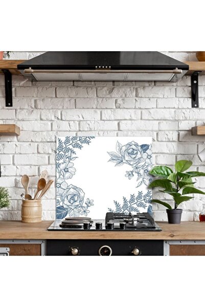 Decovetro Ocak Arkası Koruyucu Vintage Mavi Gül Desenli 60x40cm