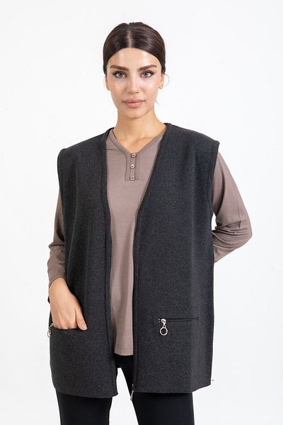 Mutlu City Women's Middle Age and Above Knitwear Knitted Zippered Pocket Comfortable Fit Mother Vest 314-smoked