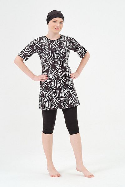 vawensea Women's Half Sleeve Patterned Hijab Swimsuit Black (WIDE SIZE RANGE)