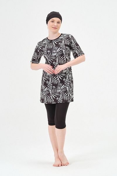 vawensea Women's Half Sleeve Patterned Hijab Swimsuit Black (WIDE SIZE RANGE)