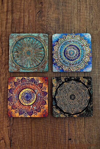 Natural Stone Coaster Uv Printed Set of 4 - Mandala Flower of Life Sri Yantra - Stone Coasters