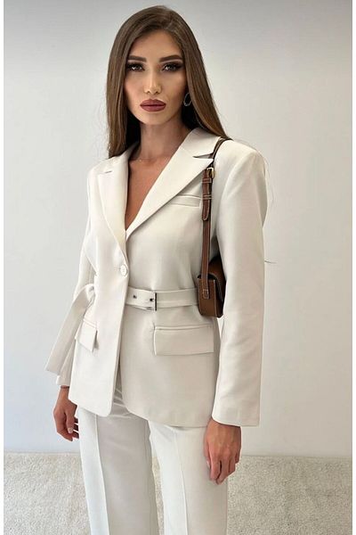D'RECCY Women's Waist Belted Blazer Jacket Fabric Pants Set