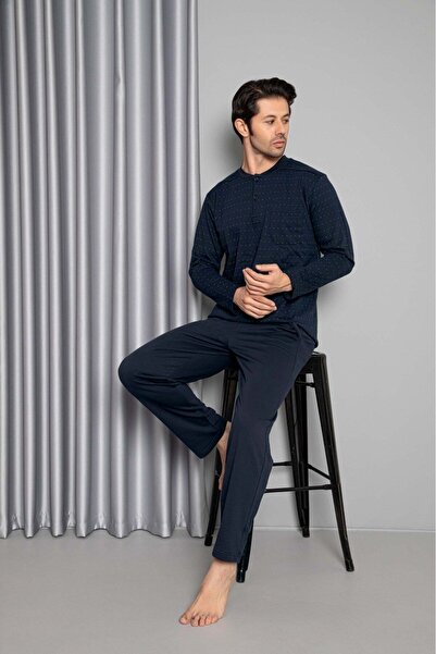 bie's Erkek Lacivert 3 Düğmeli Göğüs Cepli 2 Iplik Kışlık Uzun Kol %100 Pamuk Pijama Takımı-geniş Kalıp