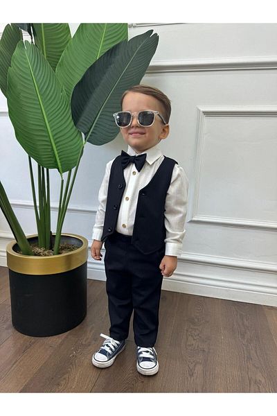 Ares Kids Fashion Cămașă albă Vestă bleumarin, pantaloni și papion Cadou pentru băieți, fete și copii pentru îmbrăcăminte elegantă
