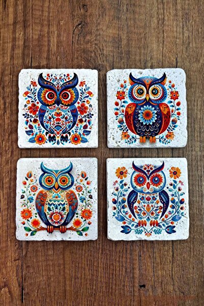 Begoloni Stone Decor Set of 4 Colorful Owl Patterned Natural Stone Coasters -...