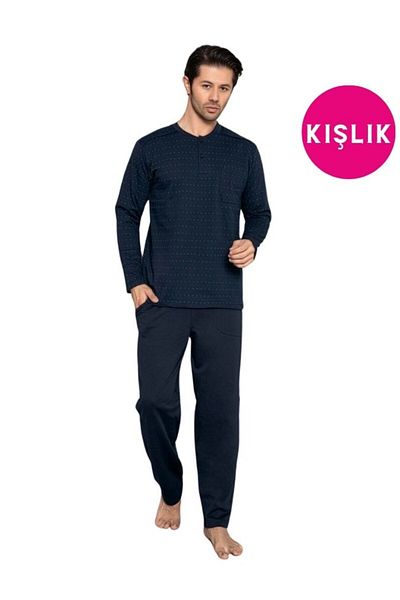 bie's Σετ ανδρικές πιτζάμες Navy Blue - 3 κουμπιά, τσέπη στο στήθος, 2 κλωστές, χειμωνιάτικο μακρυμάνικο, 100% βαμβάκι, φαρδιά εφαρμογή