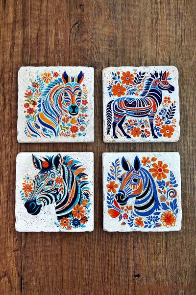 Begoloni Stone Decor مجموعة من 4 قواعد أكواب من الحجر الطبيعي بطبعة حمار وحشي...