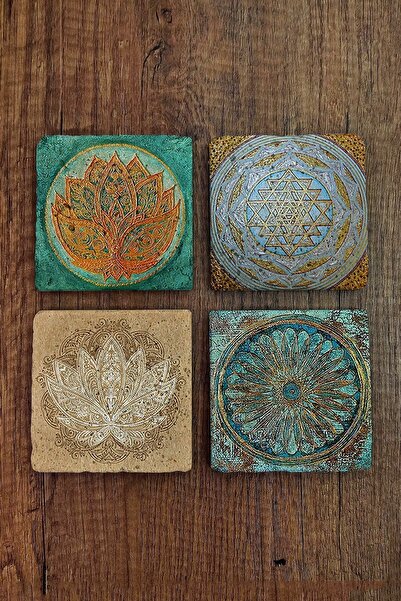 Begoloni Stone Decor Taş Bardak Altlığı Lotus, Siri Yantra Baskılı Baskılı 4'lü Set - Stone Coasters