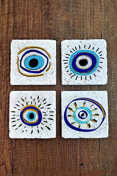 Begoloni Stone Decor طقم قواعد أكواب حجرية بطبعة خرز عين الشر مكون من 4 قطع -...