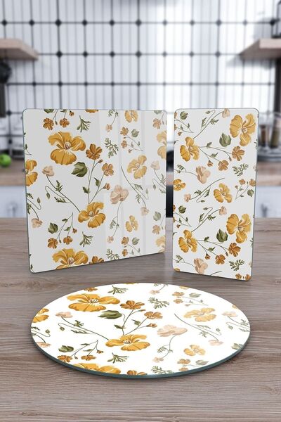 Decovetro Set de 3 farfurii de servire din sticlă cu model de flori galbene