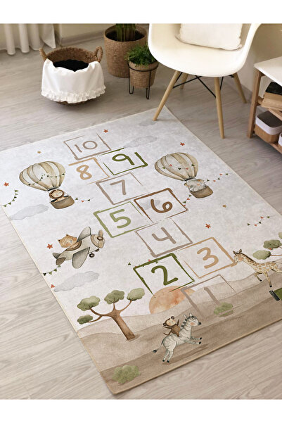 Evmila Kaymaz Tabanlı Renkli Safari Ve Seksek Desen Baskılı Bebek Ve Çocuk Ha...