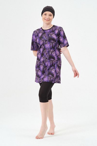 vawensea Women's Half Sleeve Patterned Hijab Swimsuit Purple (WIDE SIZE RANGE)