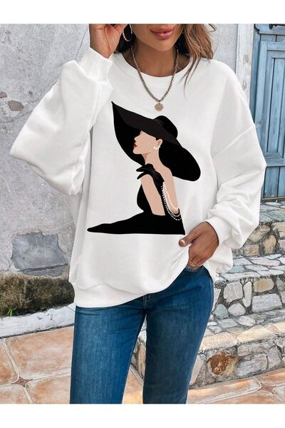 Deocept Imprimat alb - Hanorac oversize unisex cu decolteu