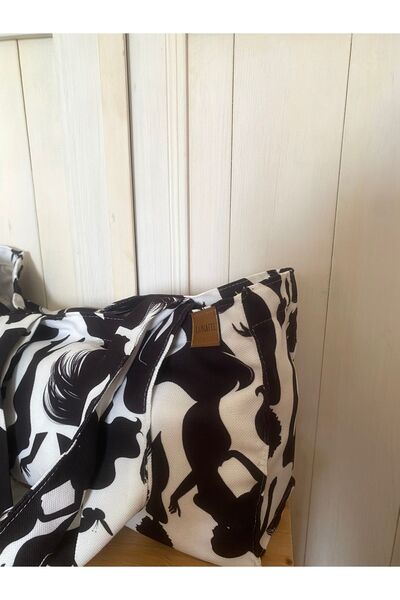 LUNAFEL Silhouette Patterned Gusseted Cloth Handbag and Shoulder Bag - Medium Size