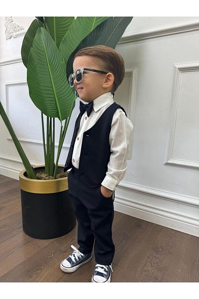 Ares Kids Fashion Cămașă albă Vestă bleumarin, pantaloni și papion Cadou pentru băieți, fete și copii pentru îmbrăcăminte elegantă