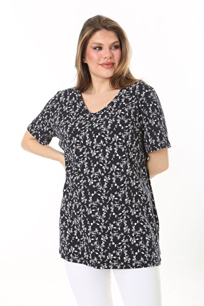 Şans Női nagy méretű sötétkék V-nyakú virágmintás rövid ujjú blúz 65N37900