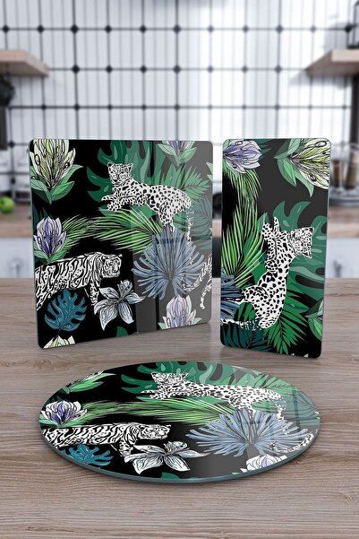 Decovetro Cam Sunum Servis Tabağı 3'lü Karma Set Vintage Leopar Desenli