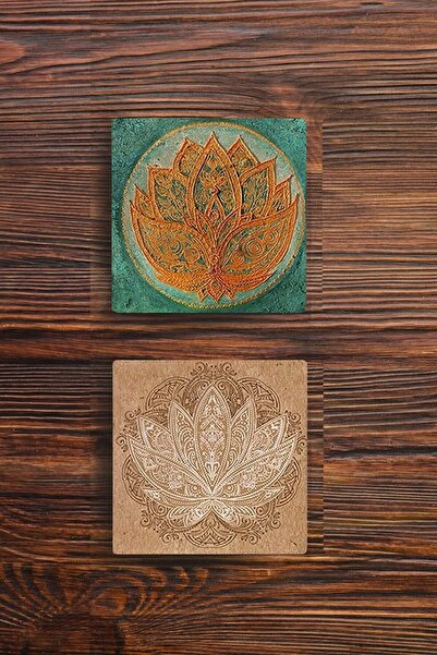 Begoloni Stone Decor طقم قواعد أكواب حجرية مطبوع عليها زهرة اللوتس وزهرة الحياة مكون من 2 قاعدة أكواب حجرية