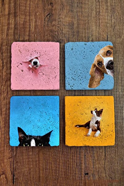 Begoloni Stone Decor طقم قواعد أكواب من الحجر الطبيعي مطبوع عليه قطة وكلب، مك...