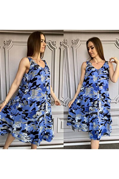 AGORATEKSTİL Kadın Ayarlanabilir Askılı Pamuk Viskon Kamuflaj Elbise