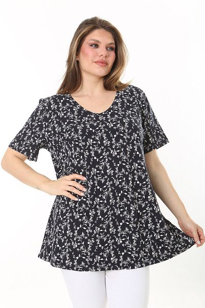 Şans Women's Large Size Navy Blue V-neck Floral Print Short Sleeve Blouse 65N37900