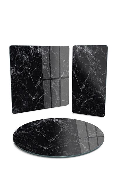 Decovetro Mixed Set of 3 - Glass Presentation Serving, Black and White Marble Patterned Plate