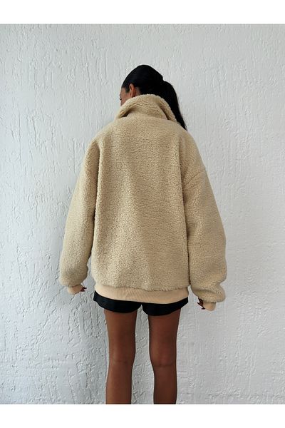 Black Sokak Beige Oversize Women's Plush Jacket - Stand Collar, Double Pocket, Zippered, Sleeves and Waist Elastics