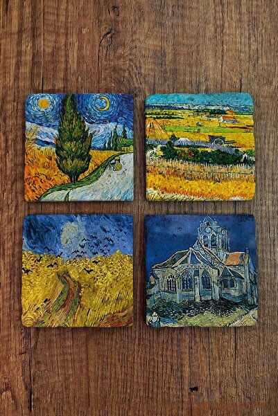 Begoloni Stone Decor قاعدة أكواب من الحجر الطبيعي Vinced Van Gogh مجموعة مطبو...