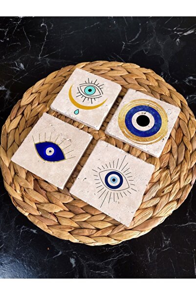 Begoloni Stone Decor Taş Bardak Altlığı 4'lü Set 10x10x1 Cm Nazar Boncuğu Desenli