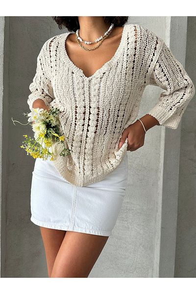 Miss Allos V-neck Lace Detailed Knitwear Sweater - Women's Openwork Lace Knit