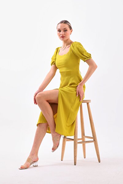 OlaLady Women's Balloon Sleeve Back Tie Low-cut Detailed Slit Midi Dress