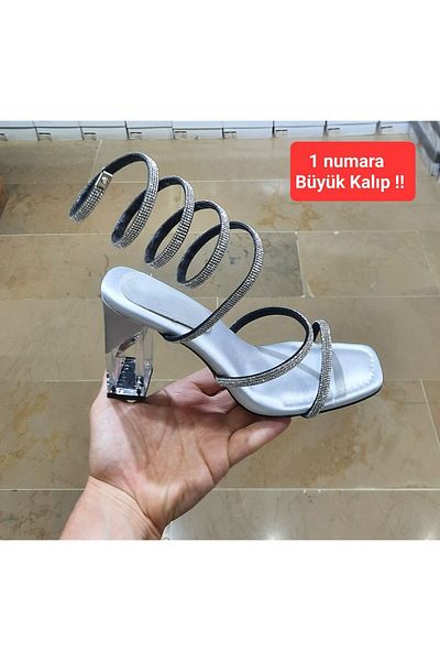 BRGL Women's Transparent Heel Akordeon Stone Filled Satin Evening Shoes