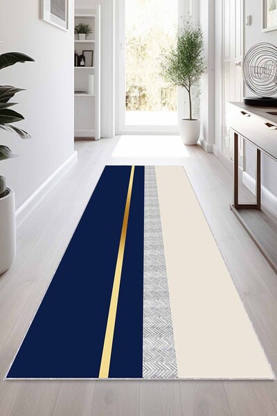 Viva Home Lacivert Gold Kaymaz Modern Kesme Rulo Yolluk Halı VH013