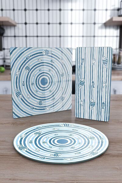 Decovetro Marine Blue Fish Line - Set mixt de 3 farfurii de servire din sticlă