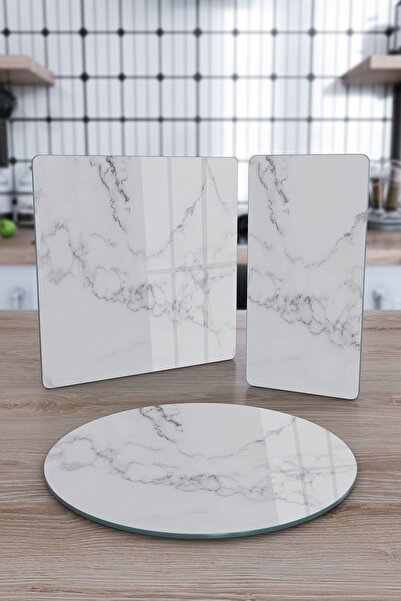 Decovetro Cam Sunum Servis Tabağı 3'lü Karma Set Beyaz Mermer Desenli