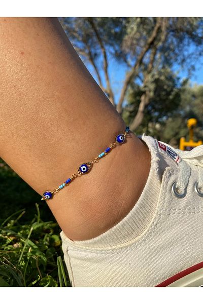 pisay takı & aksesuar Navy Blue Evil Eye Beaded Wrist and Anklet Set