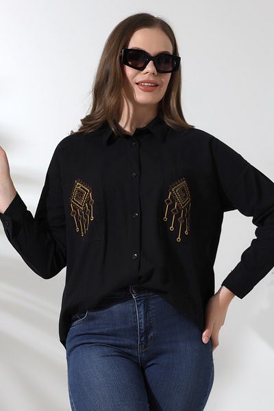 FoR ShE Forshe Women - Embroidered Long Sleeve Black Shirt 71422