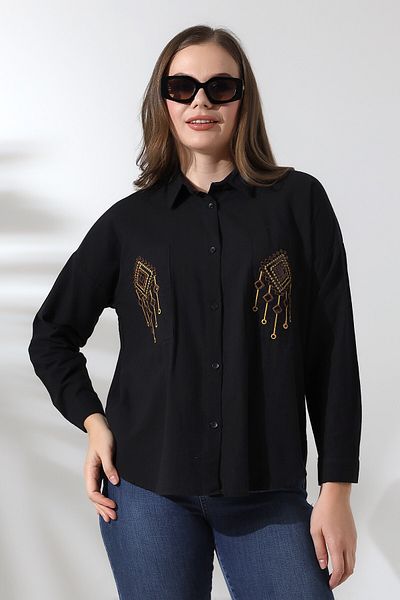 FoR ShE Forshe Women - Embroidered Long Sleeve Black Shirt 71422