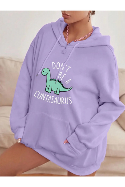Revasser Kadın CANTASAURUS Renkli Özel Baskılı Pamuklu Oversize Kapüşonlu Swe...