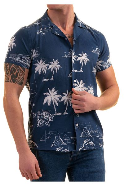 Exve Exclusive Cămașă slim fit albastru indigo - imprimeu cu model din bumbac hawaian, mânecă scurtă respirabilă pentru bărbați