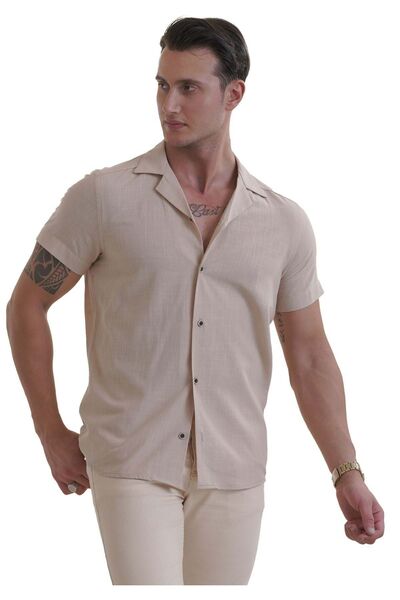 Exve Exclusive Beige Linen Woven - Hawaiian Oversize Loose Shirt, Relaxed Fit, Short Sleeve