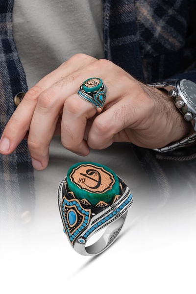 ALYANSEVİM Elif Vav Harfli Mavi Taşlı 925 Gümüş Erkek Yüzük