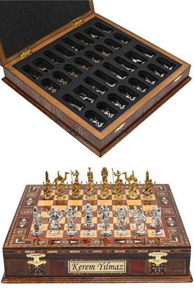 Cooper Chess Premium 30cm Masif Ahşap Ceviz Kutulu Metal Satranç Takımı Antik Mısır Nefertiti ve Kleopatra