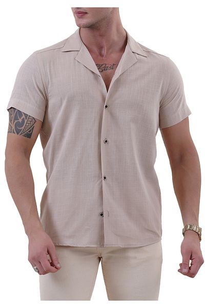 Exve Exclusive Μπεζ λινό υφαντό - Χαβάης Oversize Casual πουκάμισο, χαλαρή εφαρμογή, κοντό μανίκι