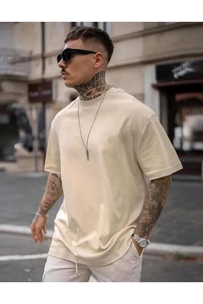 RASCHA Μπεζ ανδρικό μπλουζάκι Oversize - NY Printed, Crew Neck